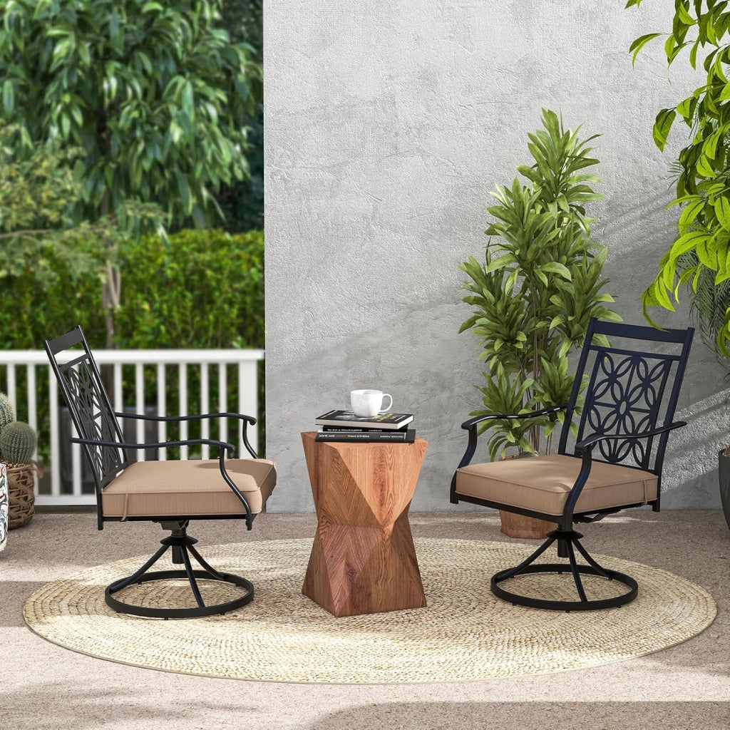 Sedie Girevoli per Giardino, Set di 2 Sedie da Esterno con Telaio in Metallo Resistente, Cuscino Morbido, Schienale a Motivo Floreale, Sedia Girevole per Giardino e Balcone