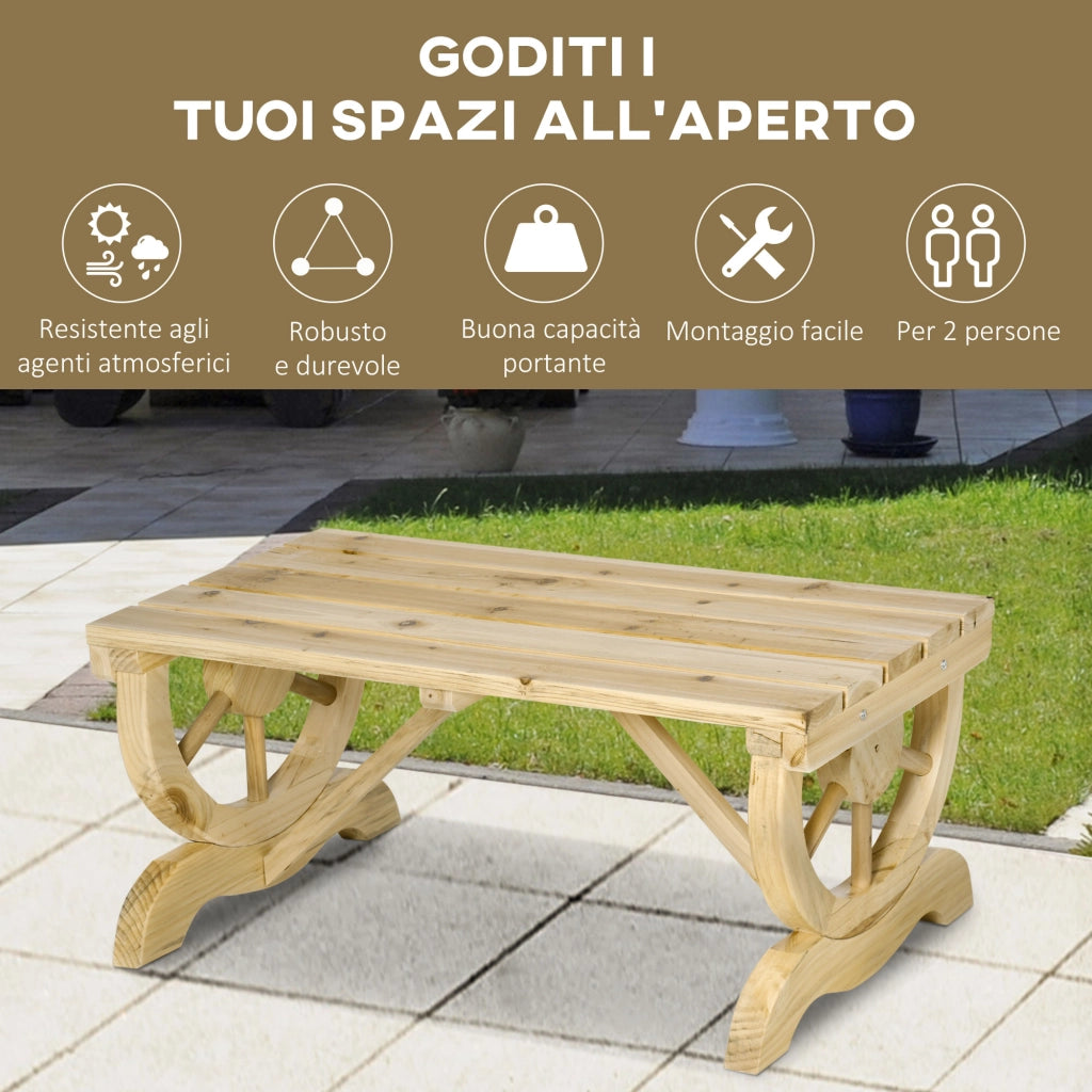 Panchina da Giardino 2 Posti a Doghe con Gambe a Ruota di Carro, in Legno, 98x50x39.5 cm, color Legno