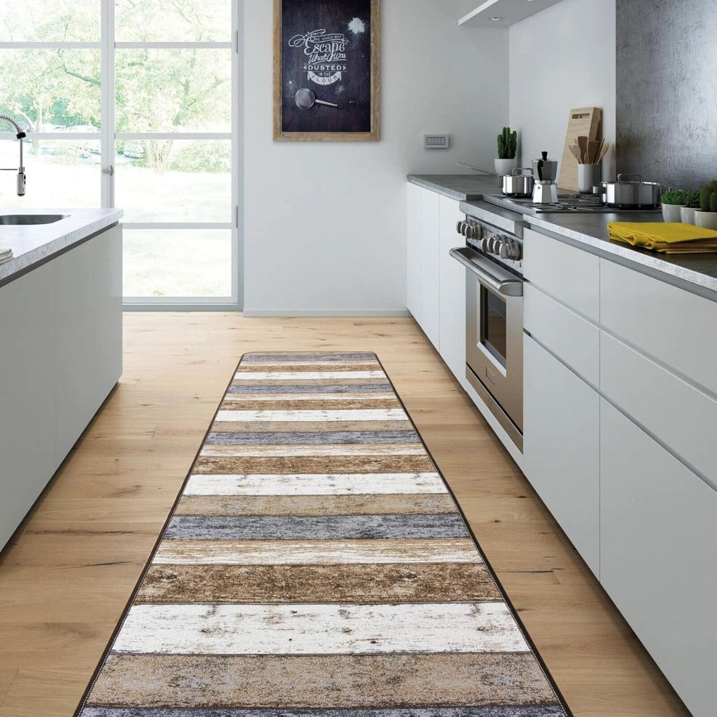 Tappeto Cucina 52x110 cm Bordato Tessitura Piatta Bagno Camera Corridoio Stile Legno Parquet Tortora