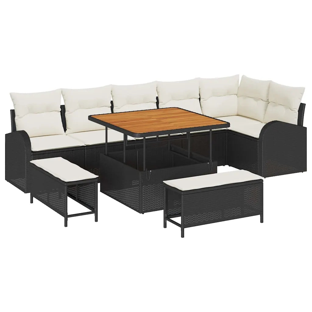 Set Divano da Giardino con cuscino 9 pcs Nero e Crema
