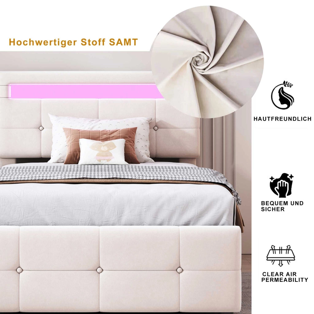 Letto contenitore 90x200 cm con LED e testiera regolabile; in velluto; beige
