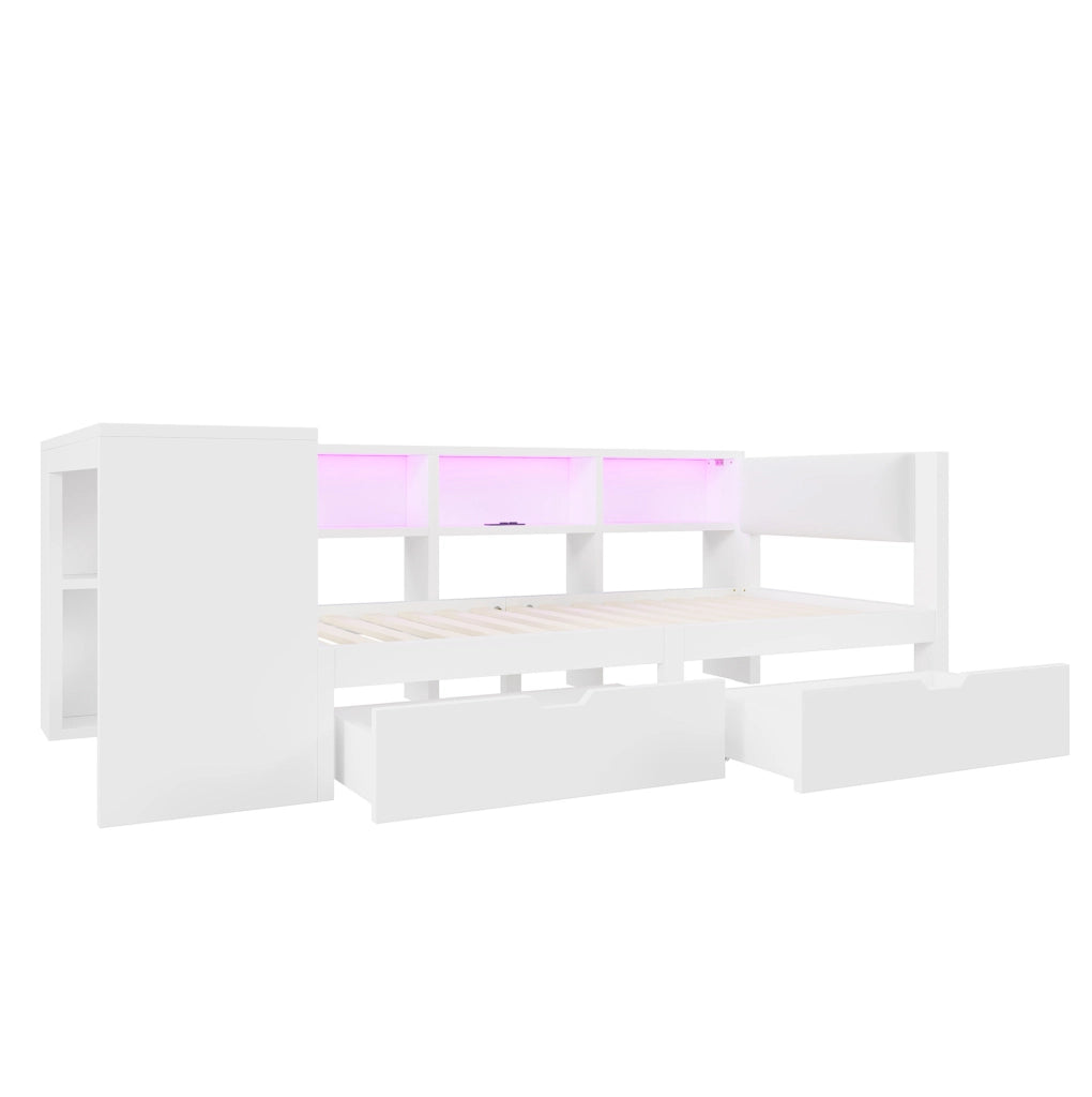 Letto a piattaforma in legno 90x200 cm con testiera imbottita, cassetti, ripiani, stazione di ricarica e luci LED colorate, bianco