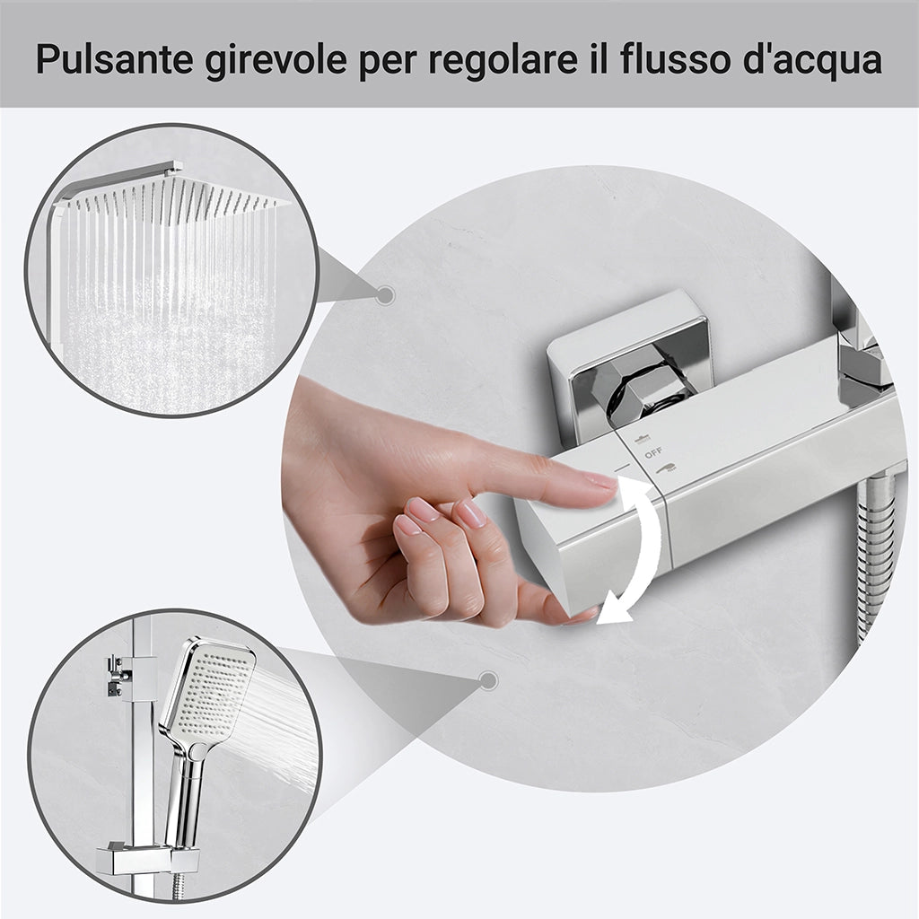 AICA Colonna doccia con miscelatore termostatico, rubinetto doccia 28x4cm, soffione doccia quadrato 30x30cm in acciaio inox cromato