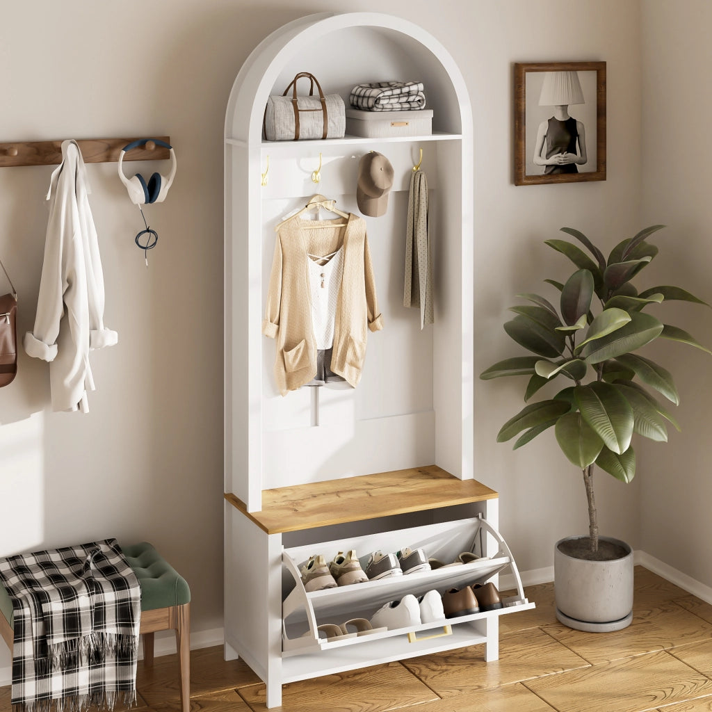 Mobile da ingresso con appendiabiti, vano per scarpe e ripiano, per corridoio, in MDF bianco e legno, 75 × 35 × 195 cm