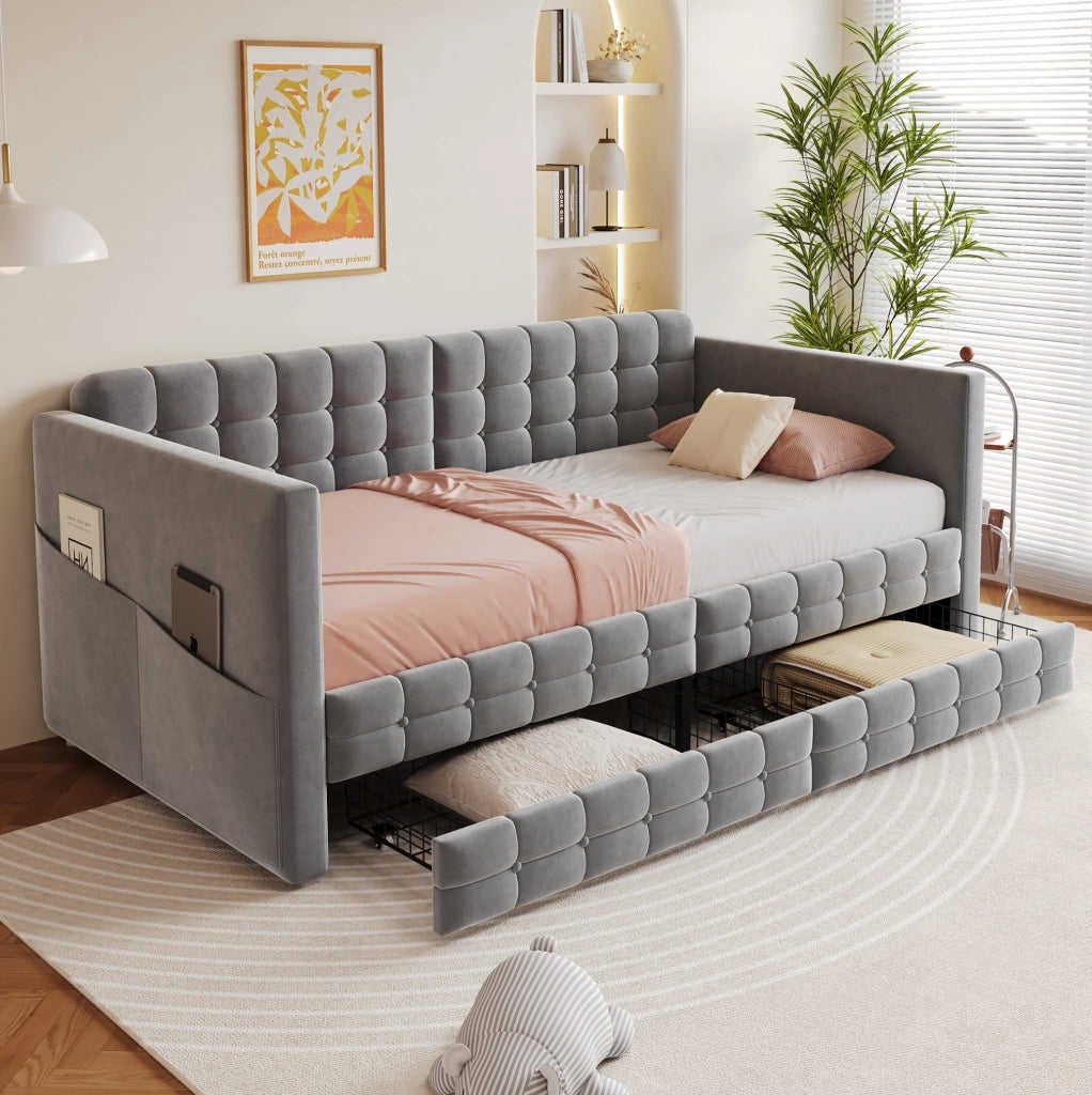 LETTO Imbottito 90x190 cm Grigio in velluto con 2 cassetti e tasche laterali