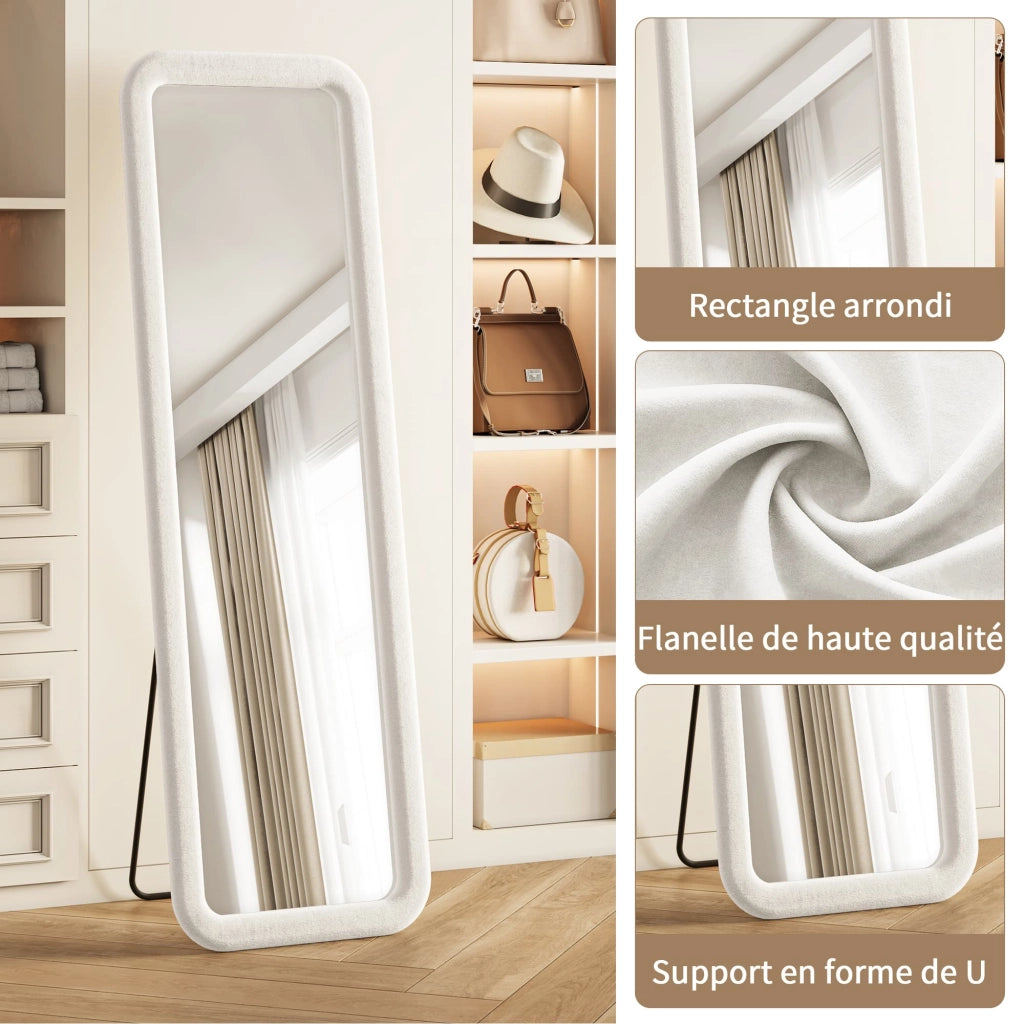 Specchio a figura intera 160x50 cm; specchio da terra con supporto; specchio da parete; cornice in flanella bianca; autoportante o da appoggio
