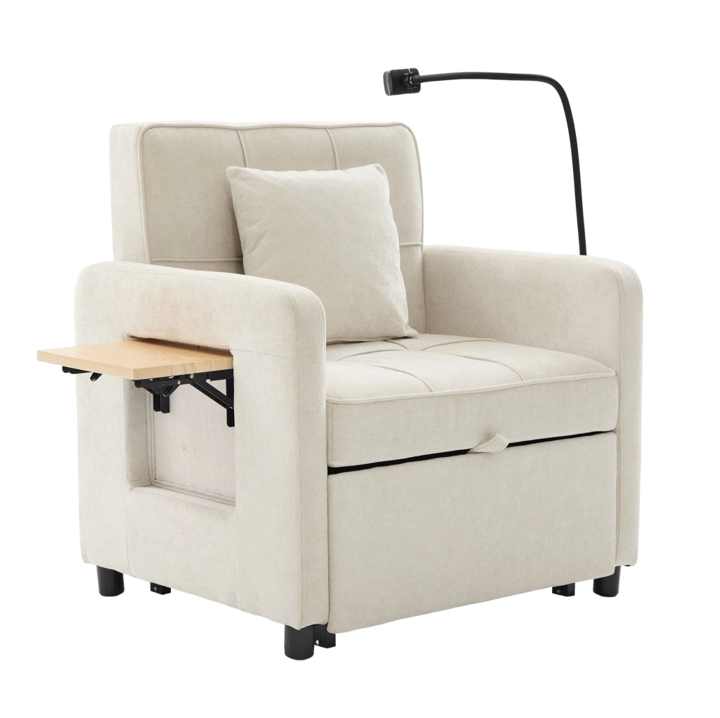 Poltrona letto convertibile 167x79x83 cm in chenille beige con bracciolo portaoggetti