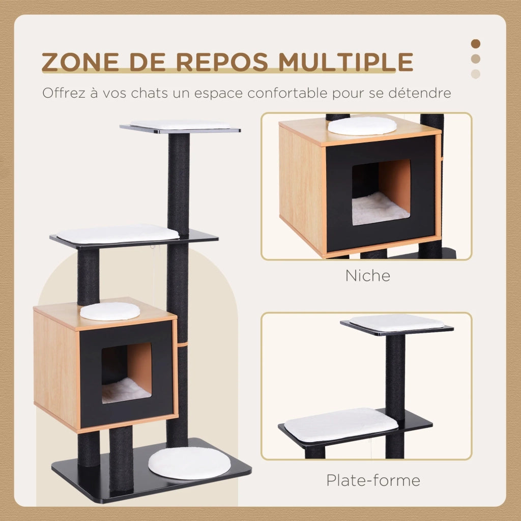 Albero gatto centro attività 71.5 x 49.5 x 120 cm con tiragraffi e cuccia pratica design contemporaneo in MDF nero 21_0007626