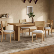 Set di 2 sedie da pranzo in legno massello con schienale in rattan e cuscino in lino, design moderno, colore legno naturale