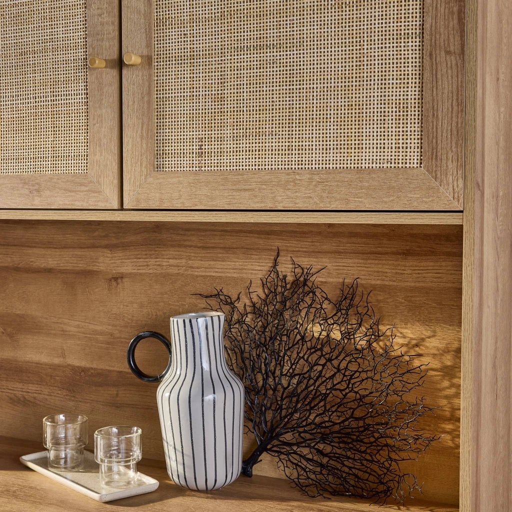 Credenza decorazione in legno e cannage 4 ante e 3 cassetti, 110cm,