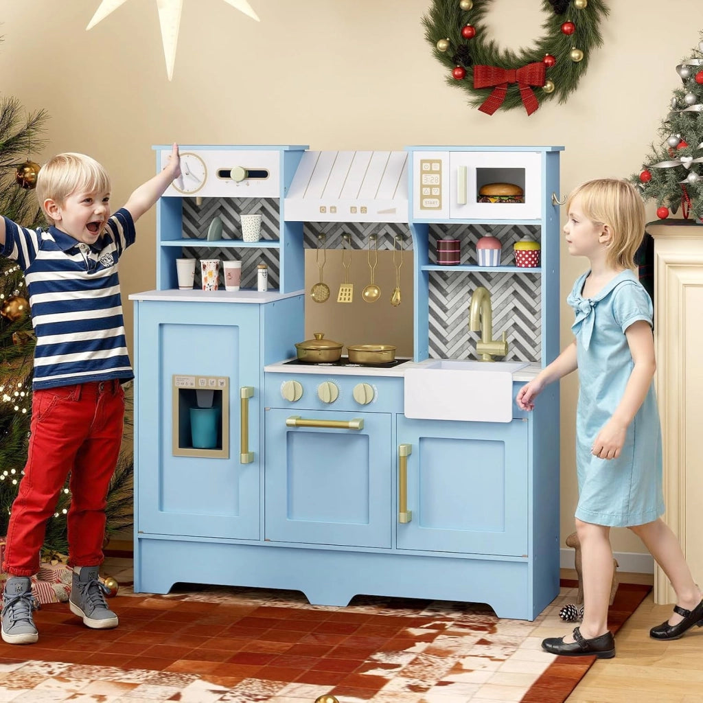 Cucina Giocattolo per Bambini, Cucina Legno per Bambini con Macchina per Ghiaccio, Caffettiera e Accessori, Gioco di Finzione per Piccoli Cuochi 3-6 Anni, 84 x 30 x 90 cm