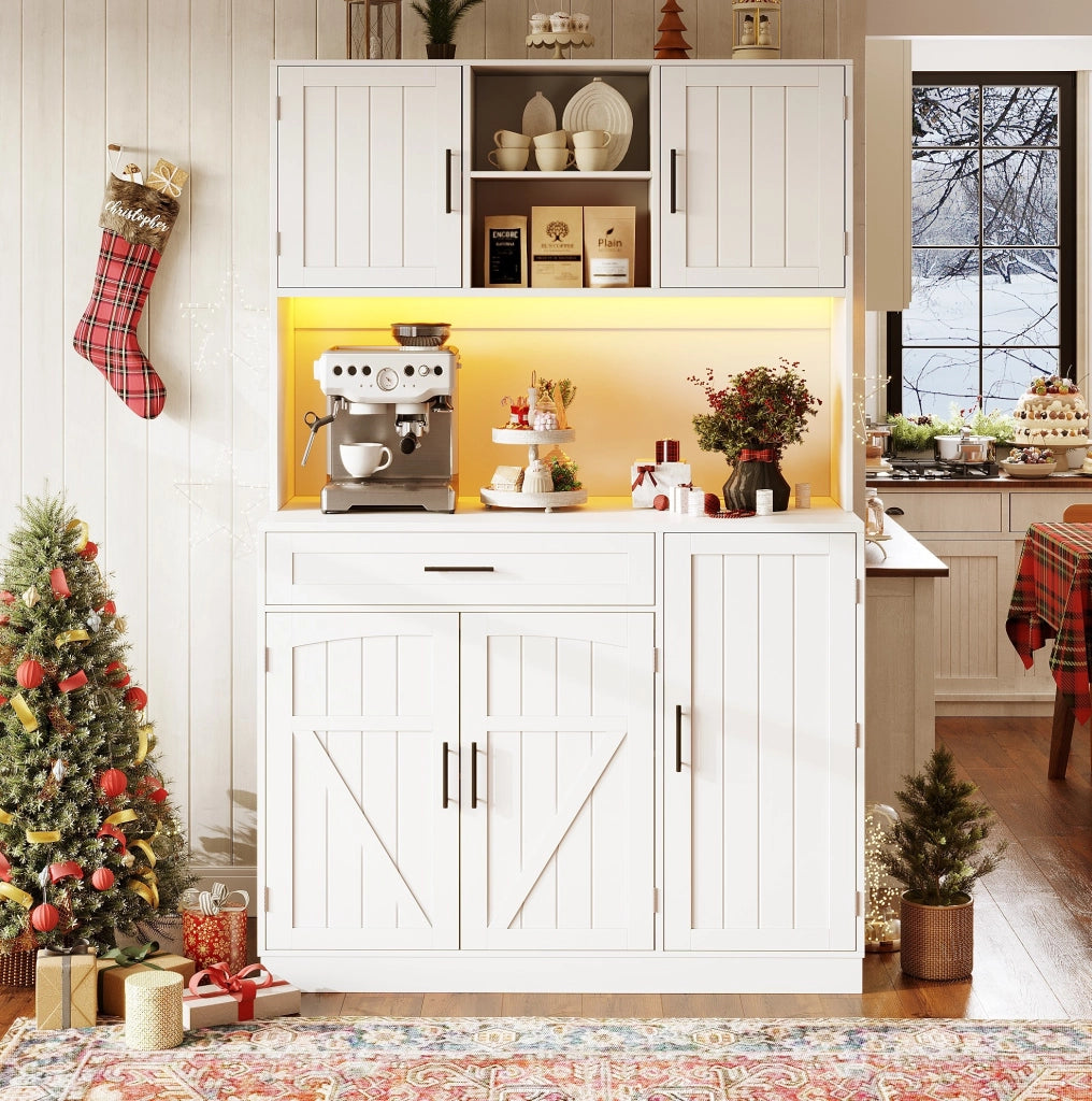 Credenza da cucina con LED e prese, bianca, 110x38x180 cm