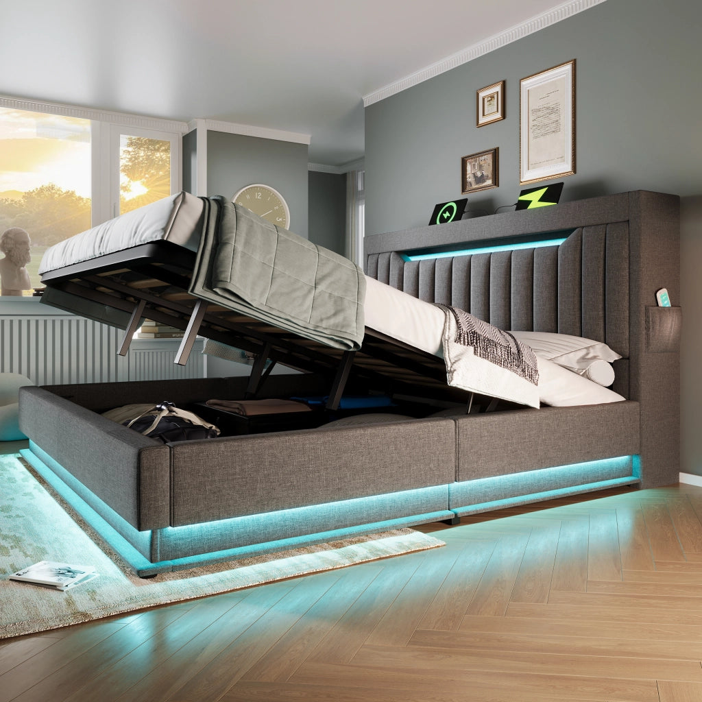 Letto matrimoniale 180 × 200 cm con vano contenitore LED USB e Type C in lino grigio con testiera