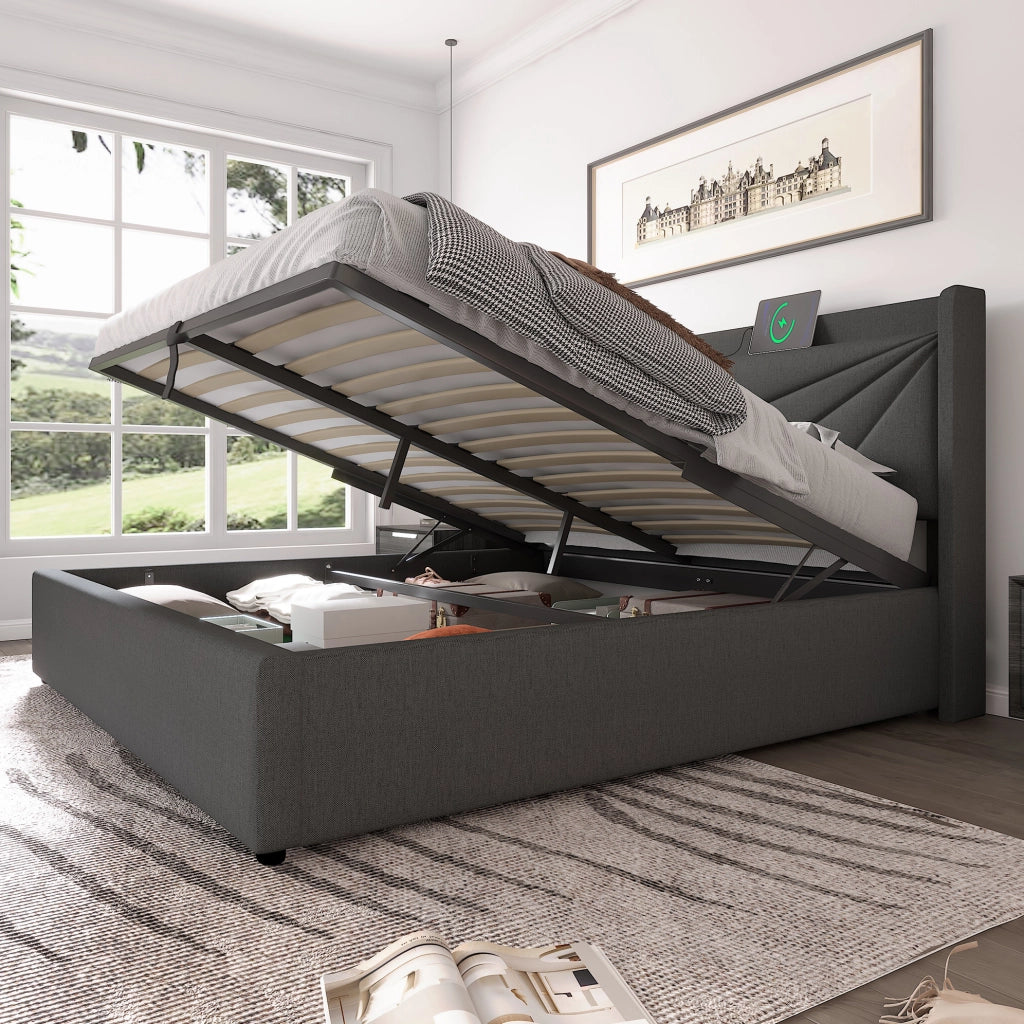Letto matrimoniale con contenitore 180x200 cm; testiera con USB e Type-C; grigio