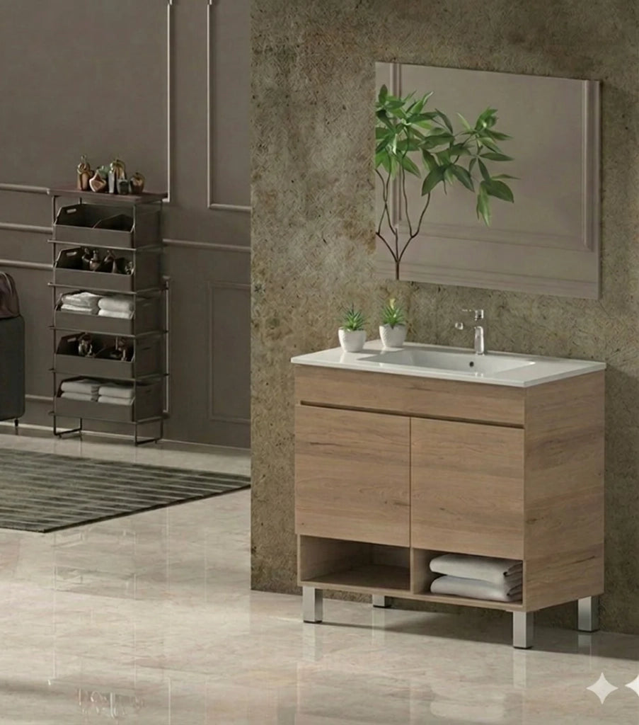 Mobile Bagno NEBARI com gambe Già Montato 2 portas, lavabo e specchio Estepa 100x45 cm