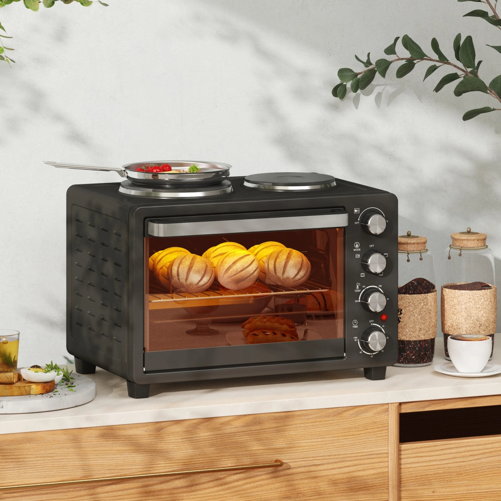 Mini Forno Elettrico 28L 2600W, 100-230°C, Timer 60 Min, con 2 Piastre Riscaldanti, Teglia, Griglia e Vassoio Briciole, Maniglia, Nero