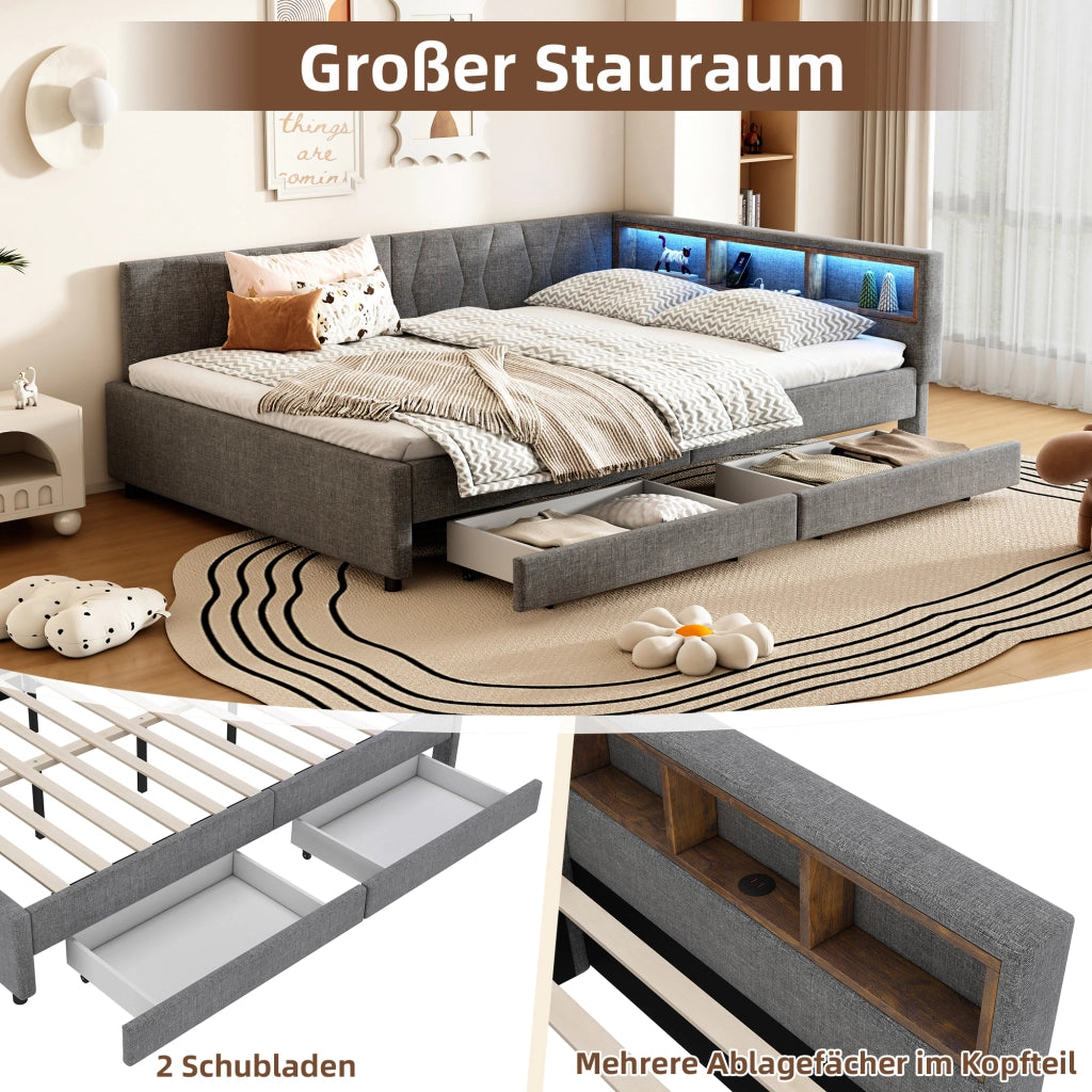 Struttura letto 140 × 200 cm in lino e MDF grigio con LED USB e type-c due cassetti vani e rete a doghe