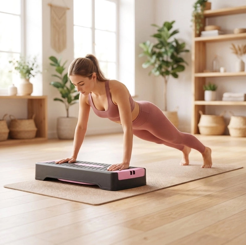 Stepper aerobica 66x28x16 cm rosa in ABS, 2 fasce elastiche e superficie antiscivolo