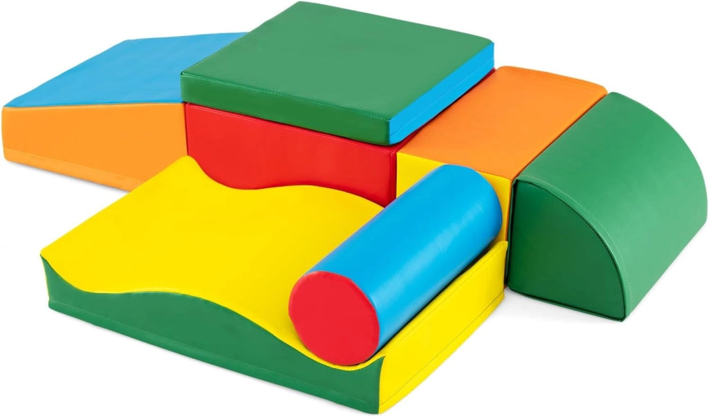 Set 7 Blocchi in Schiuma per Bambini, Set Gioco da Arrampicata con Rivestimento Rimovibile in Pelle Artificiale, Blocchi di Costruzione Morbidi per Bambini da Interno, Multi-Colore
