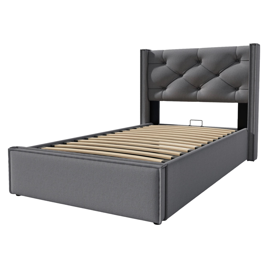 Letto imbottito grigio 90x200 cm con contenitore