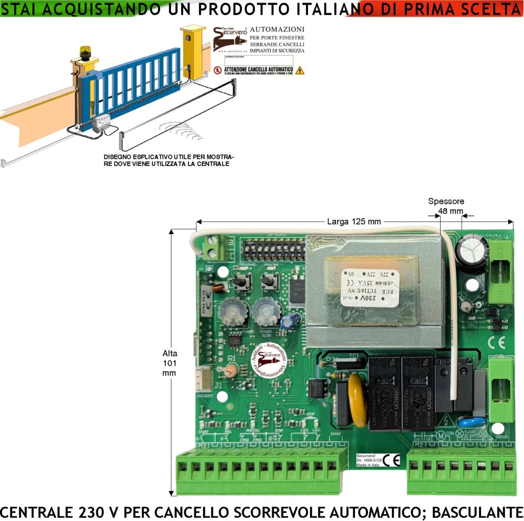 Centrale di Comando Cancello Scorrevole e Basculante 230 V 550 W Gestione Fine Corsa Luce di Cortesia Vista dei Movimenti da Lampeggi Differenziati Frizione Elettronica Rallentamenti Cartello Monitore