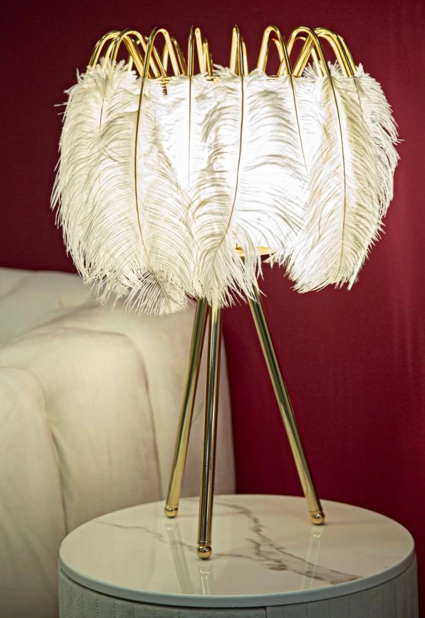 Lampada da Tavolo Feather Stand Ø40x60 cm in Ferro e Plastica Oro e Bianco