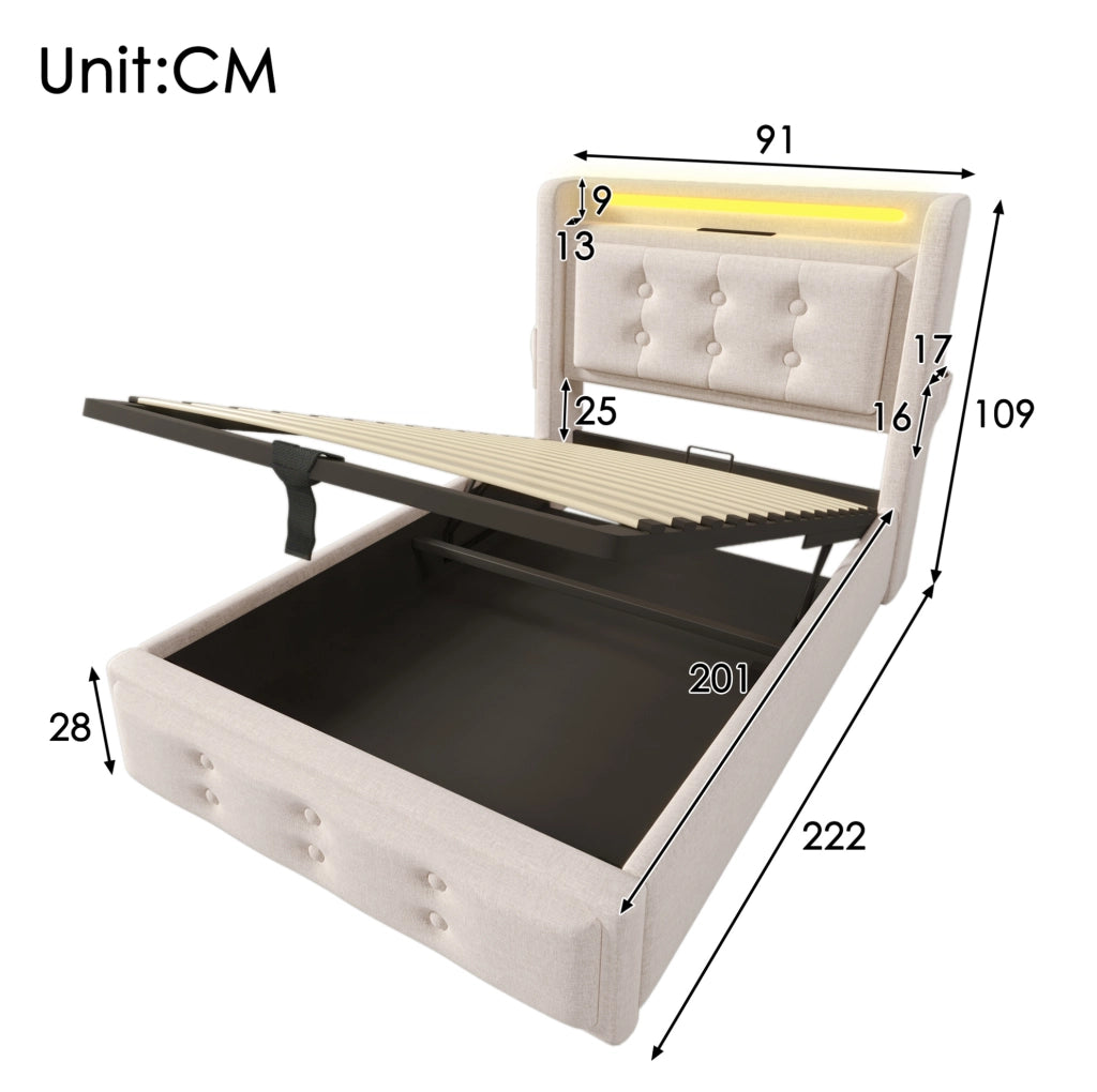 Letto singolo contenitore 90 × 200 cm con LED; USB e Type-C; cotone-lino beige
