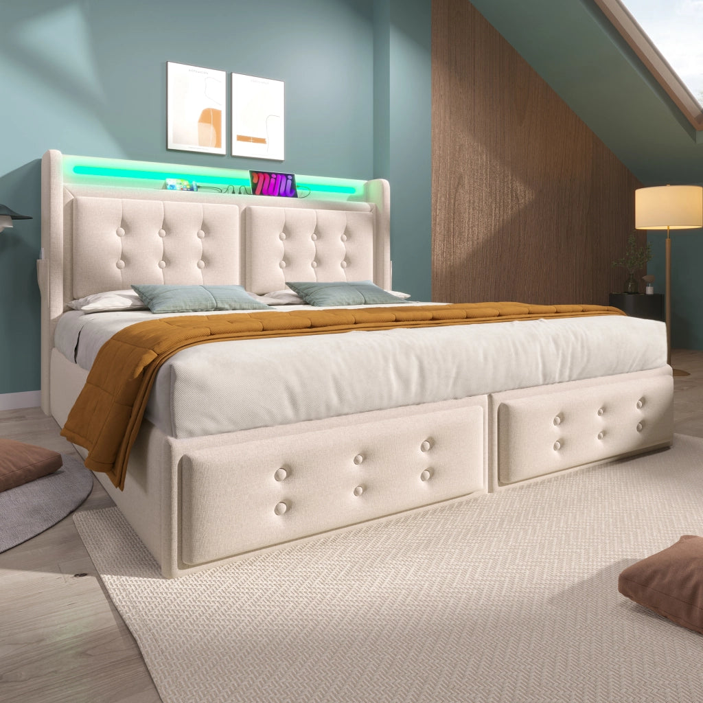 Letto imbottito 180x200 LED USB-C idraulico doghe 300kg beige