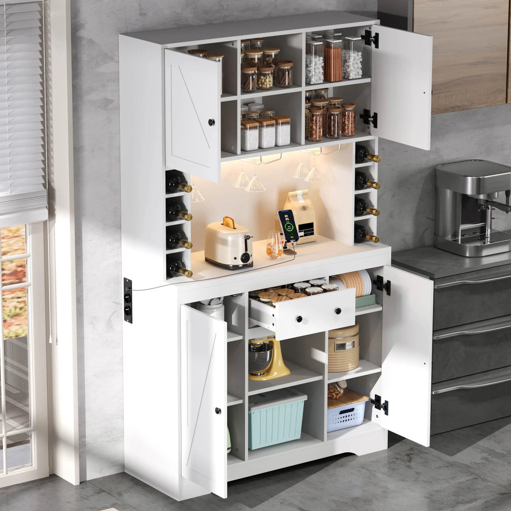 Mobile colonna da cucina con ripiani regolabili cassetto portabottiglie LED e prese bianco 105 × 40 × 180 cm