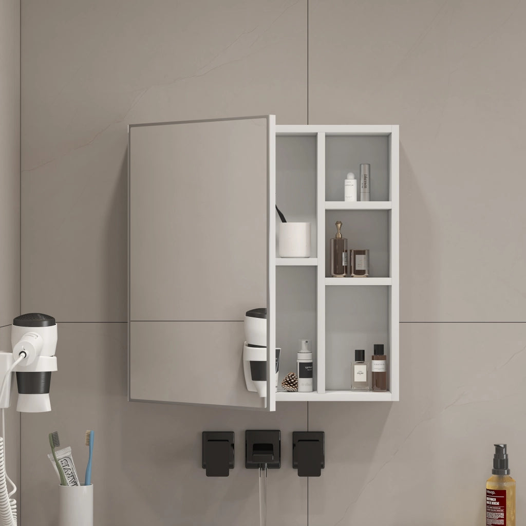 Mobile con specchio con anta e scomparti interni, specchio di sicurezza per bagno e camera da letto, MDF bianco