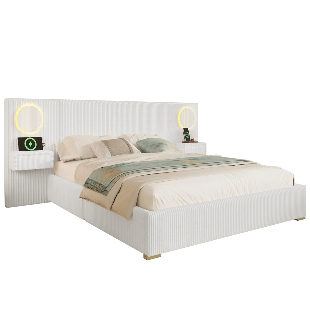 Letto matrimoniale imbottito 180 × 200 cm in velluto beige con testiera LED USB e comodini con cassetti