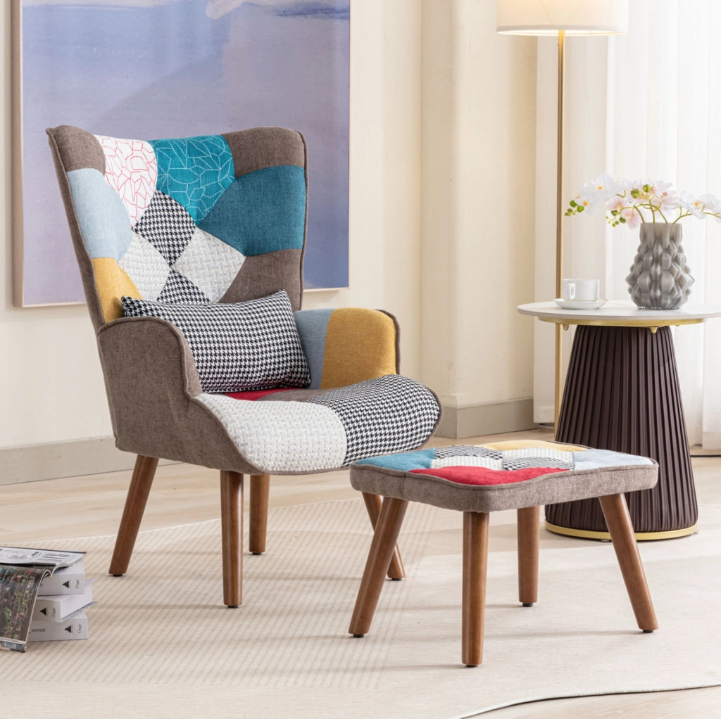Poltrona con poggiapiedi 51x69x95,5 cm, gambe in legno, multicolore,