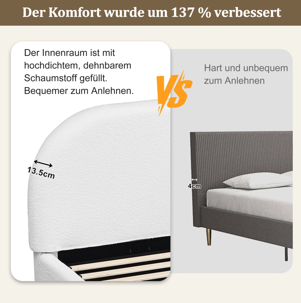 Letto imbottito in bouclé beige con rete a doghe; 223 × 200 × 98.5 cm