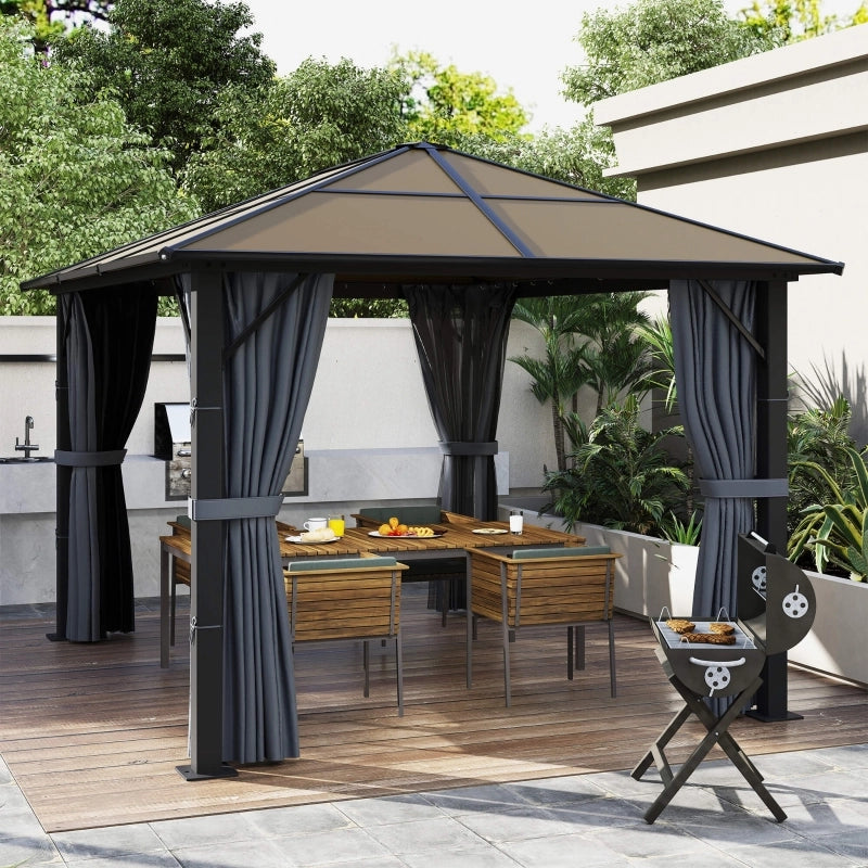Gazebo 3 × 3 m con tetto in policarbonato 6 mm; struttura in metallo grigio; tende e zanzariere; 300 × 300 × 265 cm