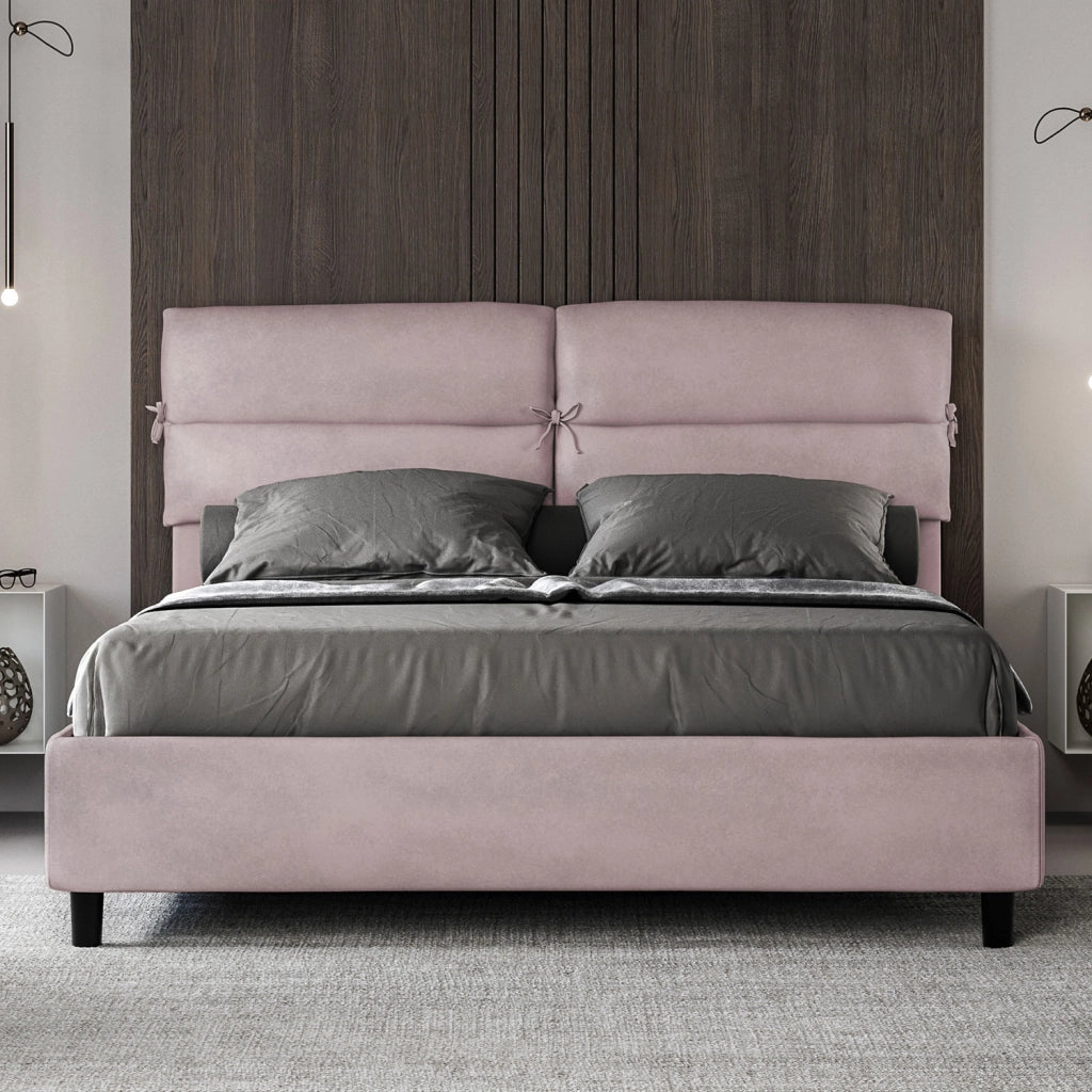Letto Matrimoniale 160x200 cm con Rete e Contenitore con Testata e Alzata Comoda Imbottito in Microfibra Nandy Glicine