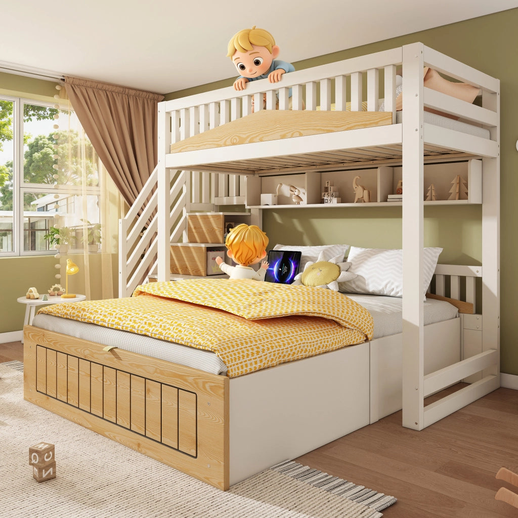 Letto a castello 90x200 e 140x200 cm bianco e naturale con contenitore