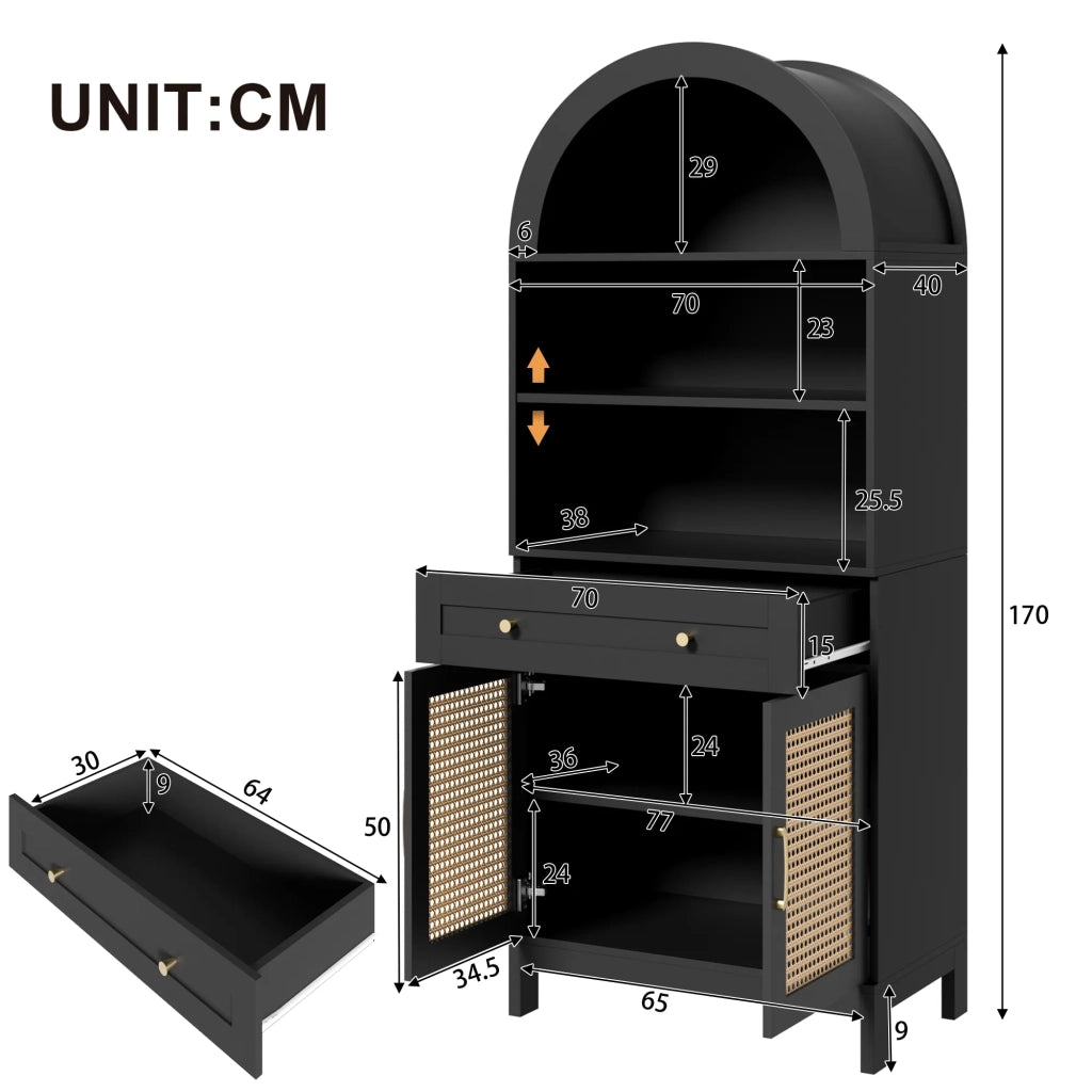 Vetrina moderna ad arco 70x40x170 cm, nero e legno, ante in rattan, 3 ripiani espositivi, 2 ante, 1 cassetto, per soggiorno e ingresso