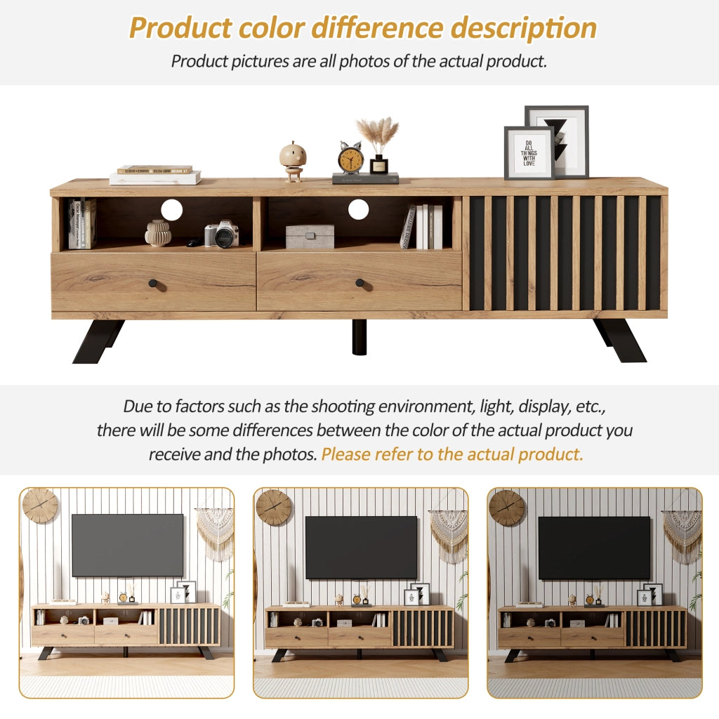 Mobile porta TV con 2 cassetti, 1 armadietto e 2 vani aperti in truciolare legno naturale e nero 150 × 38 × 44 cm