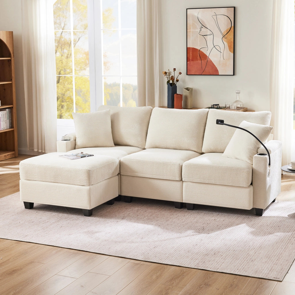 Divano Angolare 3 Posti con Poggiapiedi ¨C MINIMAL ¨C Beige, Braccioli, Cuscini