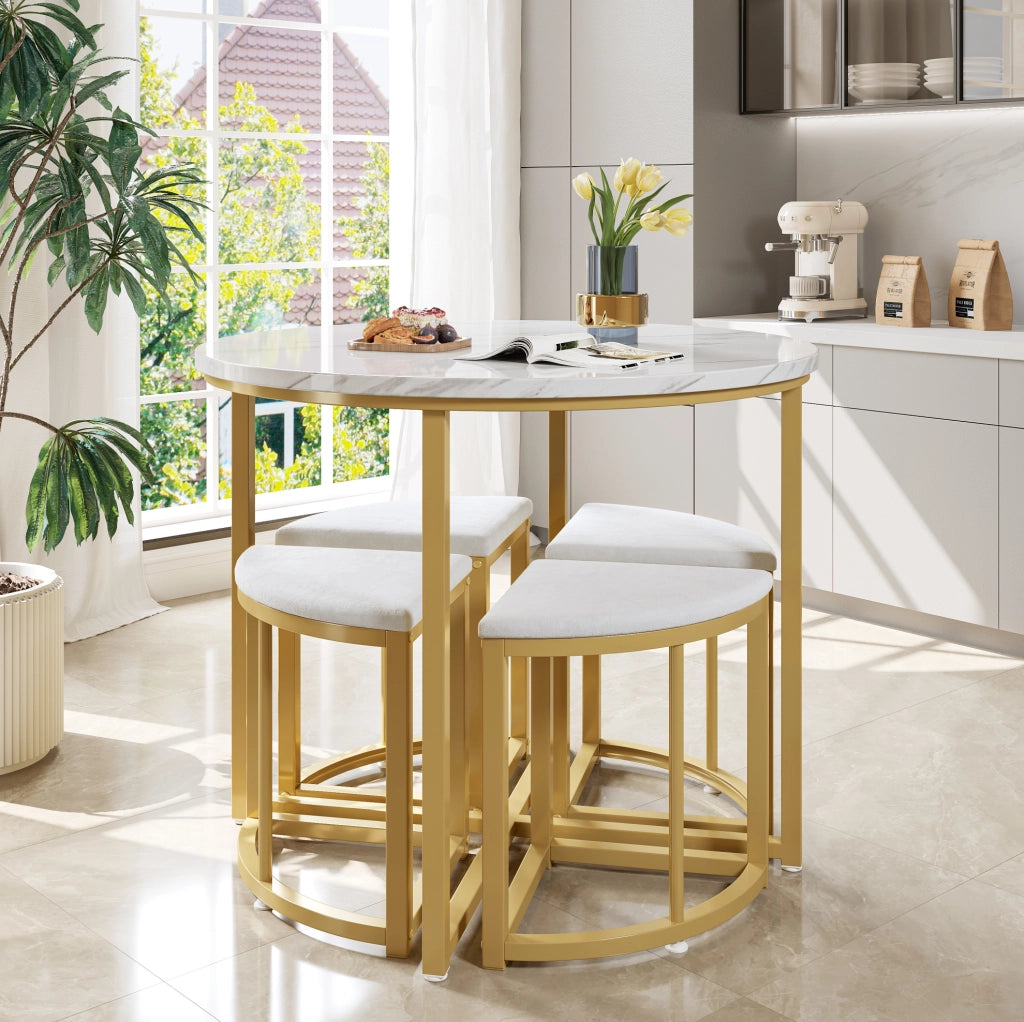TAVOLO da pranzo rotondo 80 cm MDF bianco e oro Set da 5 pezzi