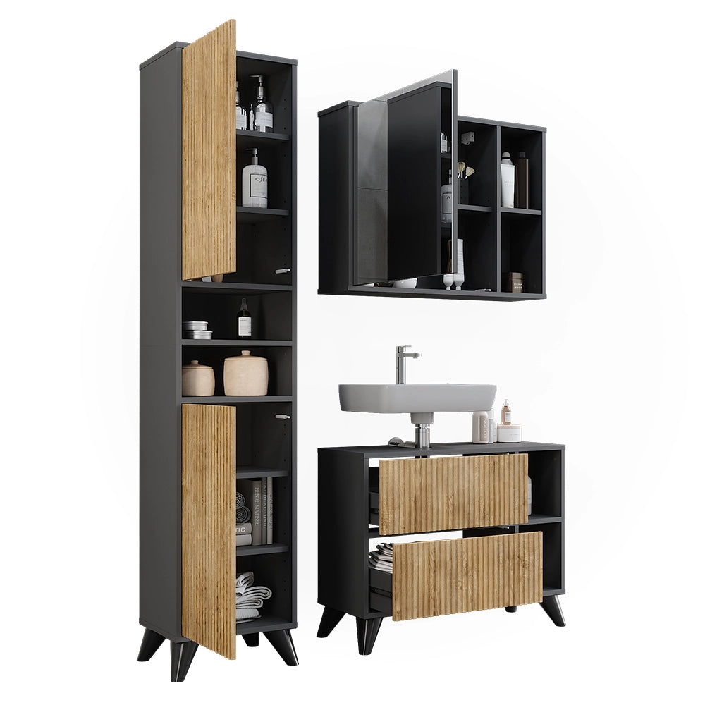 Vicco Set di mobili da bagno Antracite/quercia di montagna 80 cm, set 3