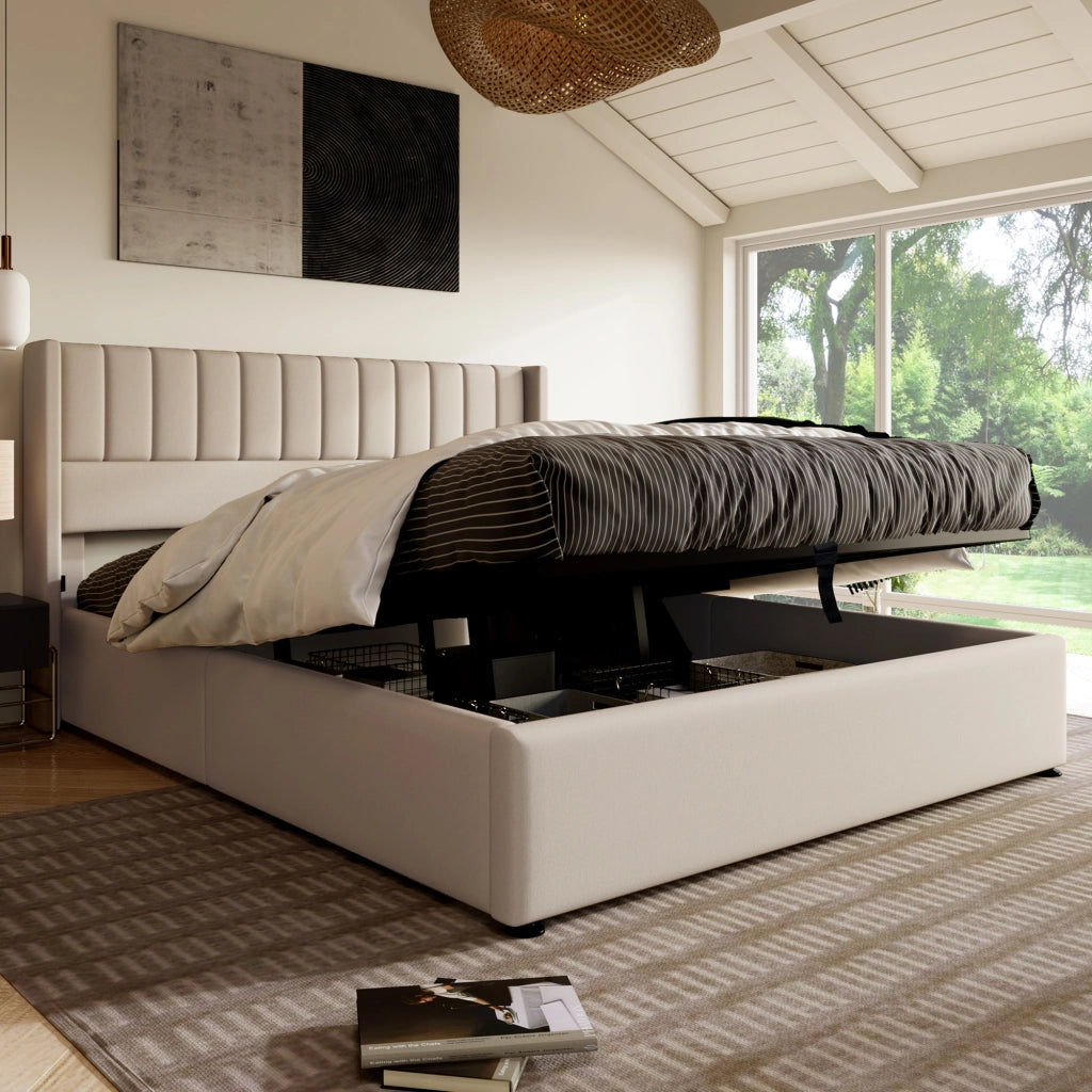 Letto Contenitore Matrimoniale 160x200 cm; con Testiera Imbottita e Sollevamento Idraulico
