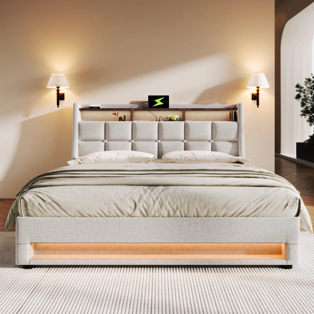 Letto imbottito 140x200 cm con LED, USB e contenitore in lino beige