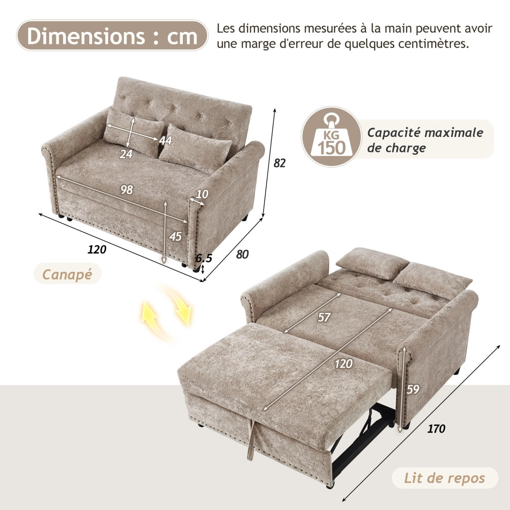 Divano letto 2 posti ¨C Minimal ¨C tessuto chenille beige con 2 cuscini