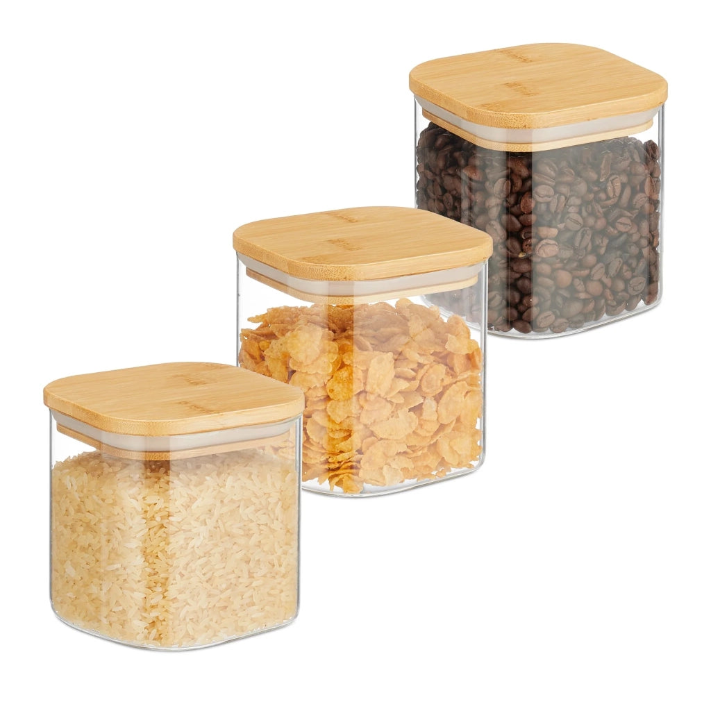 Set di 3 barattoli quadrati per la conservazione in cucina 12 x 12 x 15 cm ermetici design naturale in vetro trasparente 13_0013098