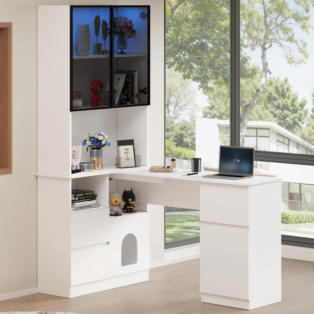 Scrivania angolare a sinistra, con ripiani, illuminazione a LED, 3 cassetti, zona relax per animali domestici, bianca e grigio