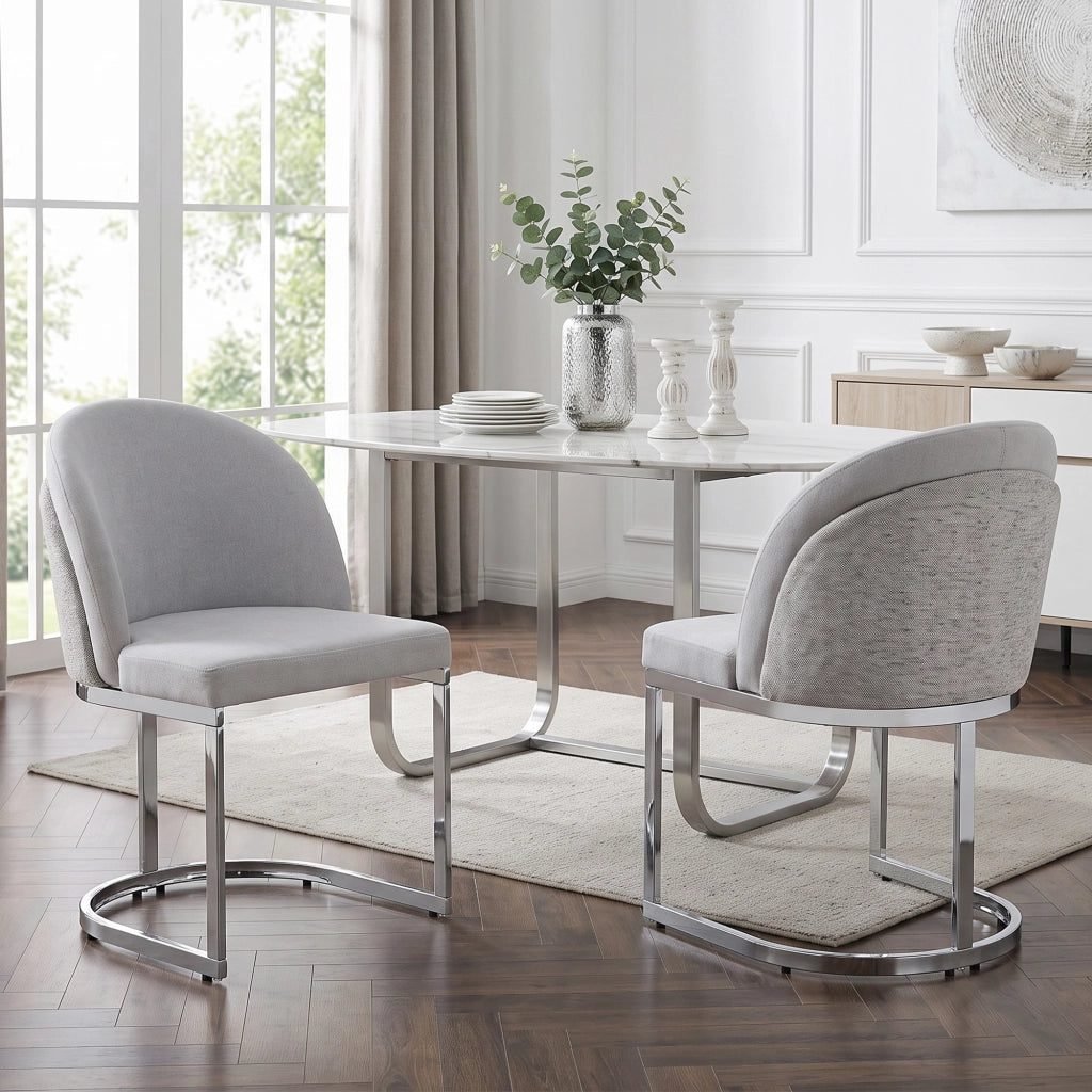 Set di 4 sedie da pranzo con schienale doppio e gambe metalliche in chenille grigio argento
