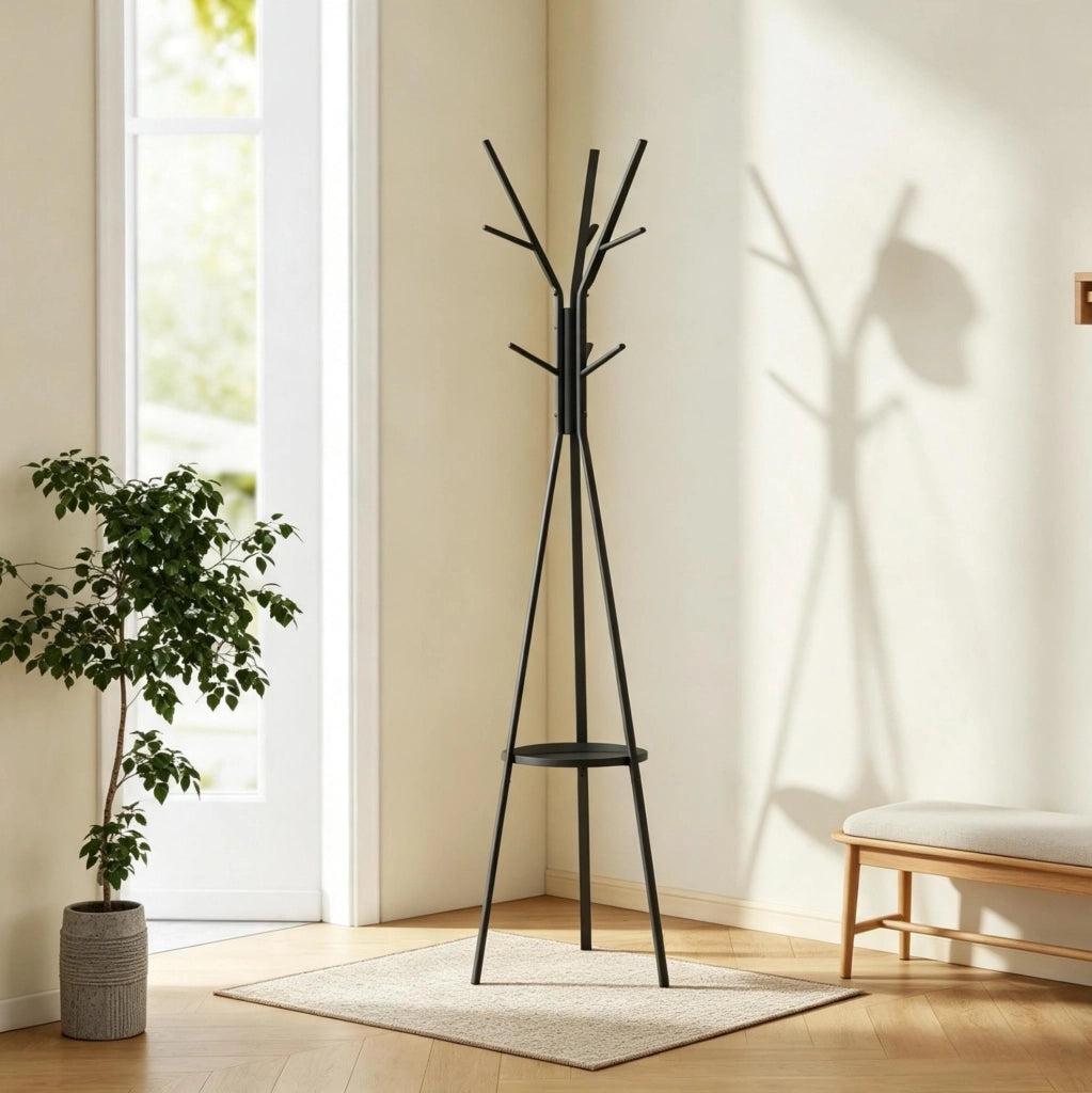 Appendiabiti nero in metallo e MDF con 9 ganci e ripiano, 45x45x180 cm