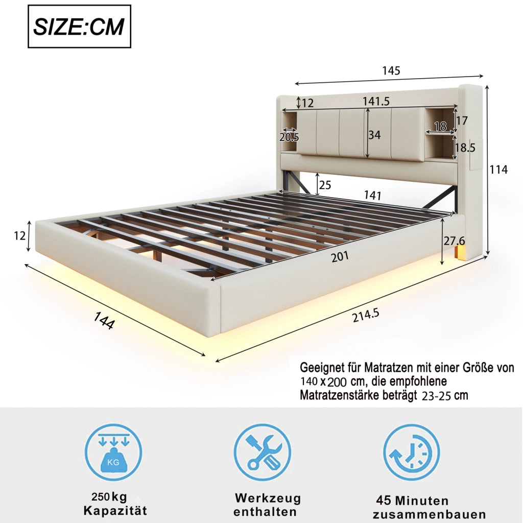 Letto matrimoniale imbottito 140 × 200 cm con LED e USB testiera reversibile in tessuto di lino beige