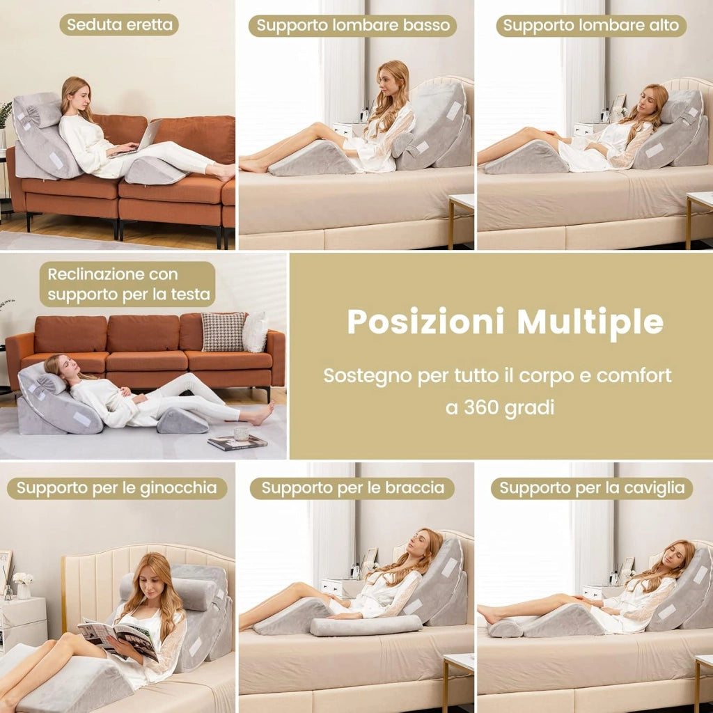 Set di 4/6 Cuscini Regolabili a Cuneo, Cuscino a Cuneo per Letto in Memory Foam, per Alleviare il Dolore alla Schiena Collo e alle Gambe, Poggiatesta Rimovibile, Grigio (4 Pezzi)